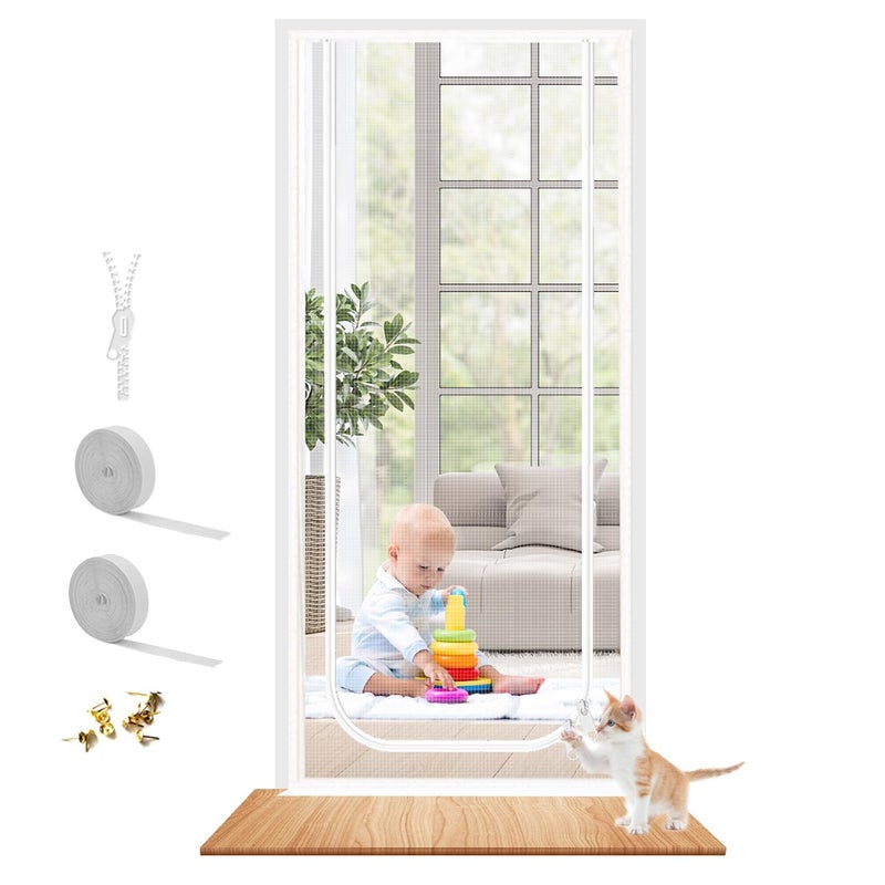 Dixutzi Reinforced Cat Screen Door Fits Door Size 32''x 80''  Heavy Duty Pets Proof Screen Door with Zipper  Prevent Dogs Cats Running Out from Home (White) - Image 1